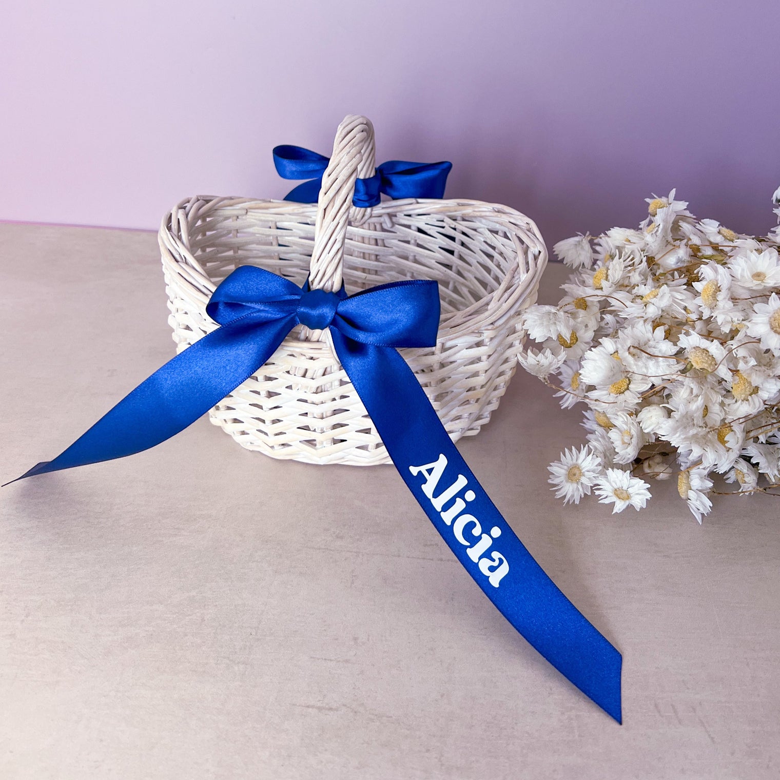 White Flower girl basket with Customized Ribbon