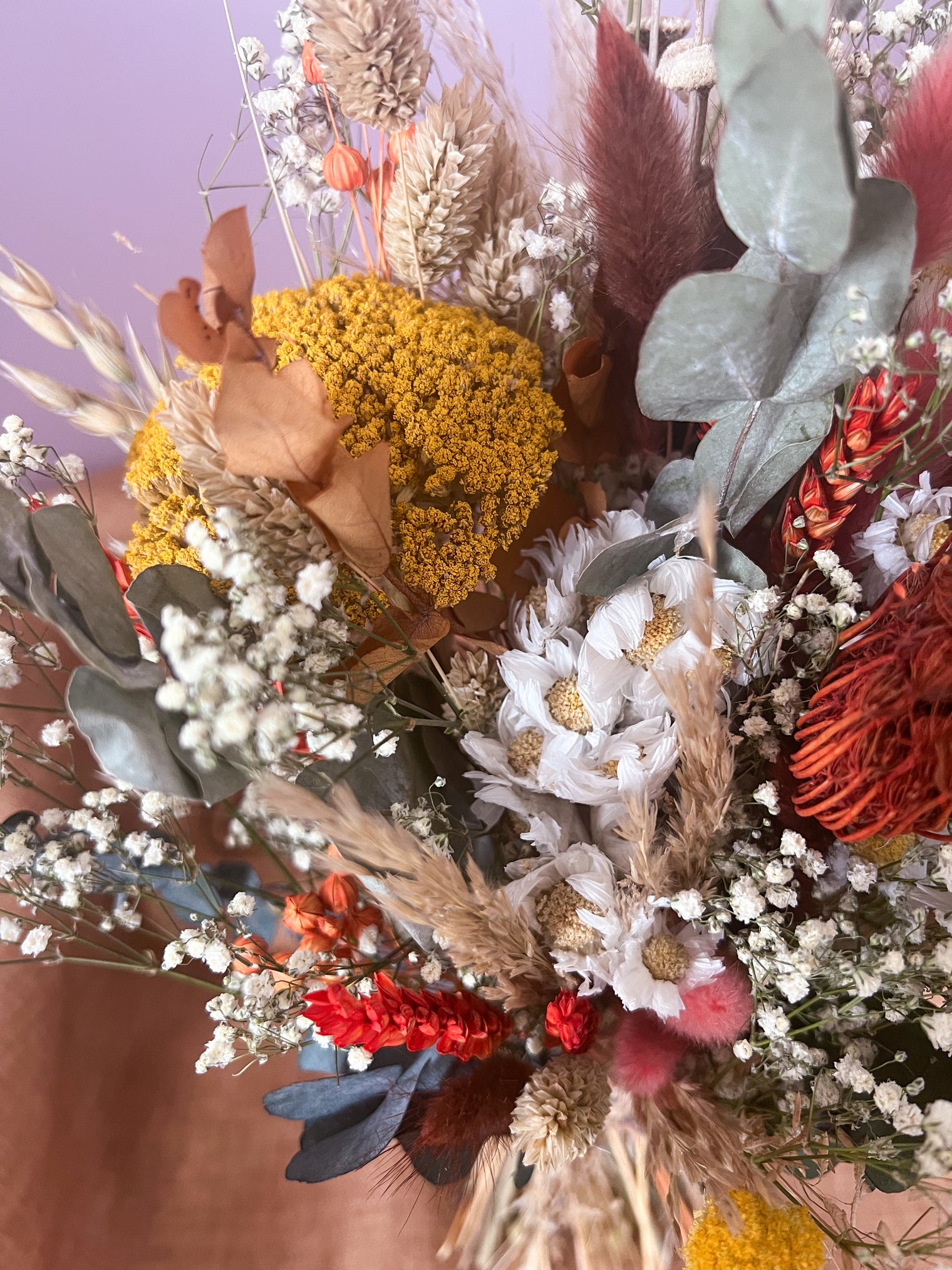 Gypsophila, Daisy and Eucalyptus, Yellow and Orange Dried Flower Wedding Bouquet