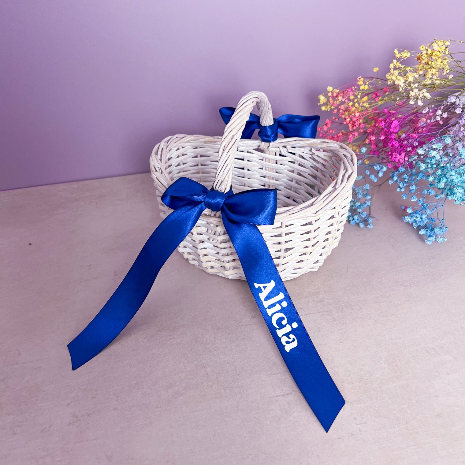 White Flower girl basket with Customized Ribbon