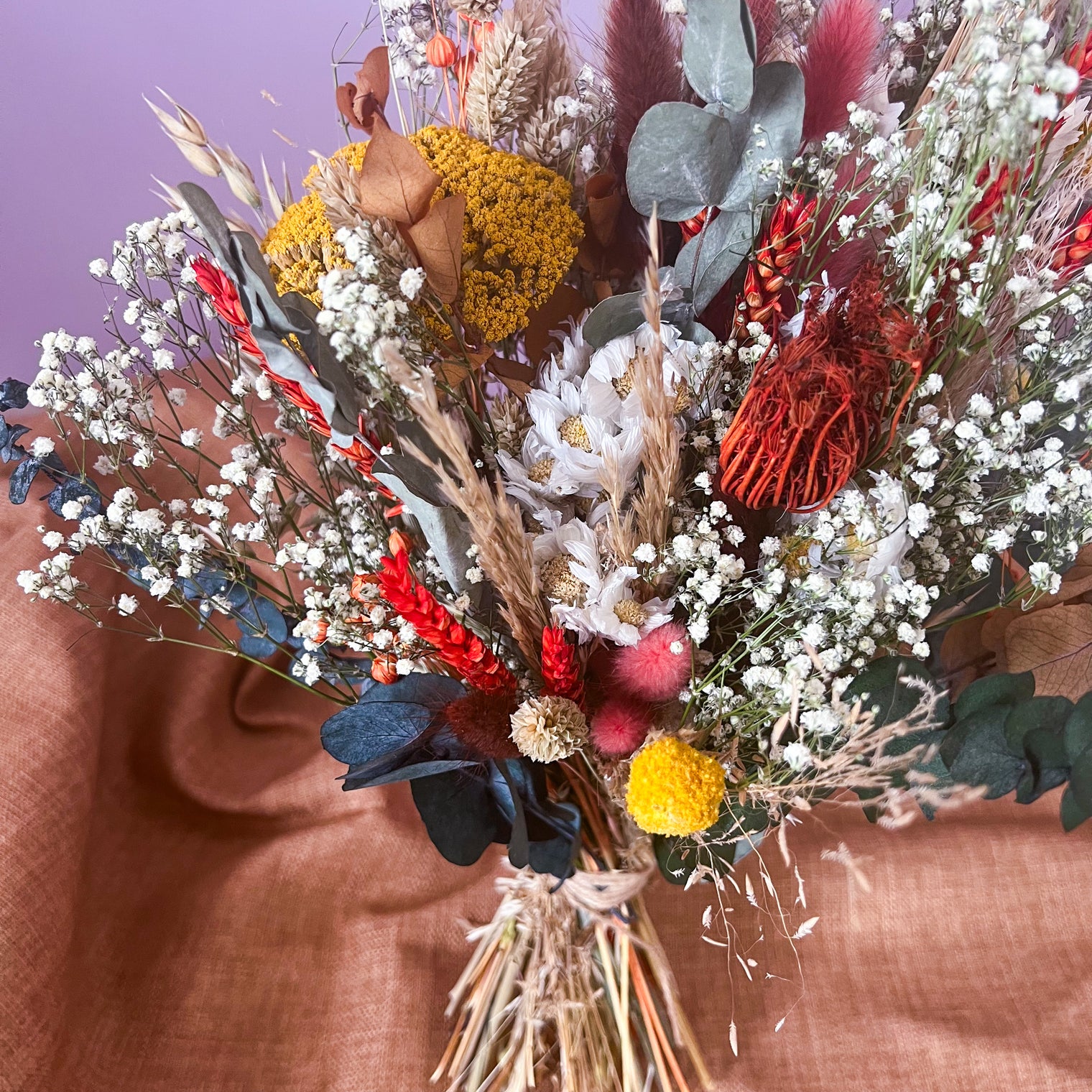 Gypsophila, Daisy and Eucalyptus, Yellow and Orange Dried Flower Wedding Bouquet