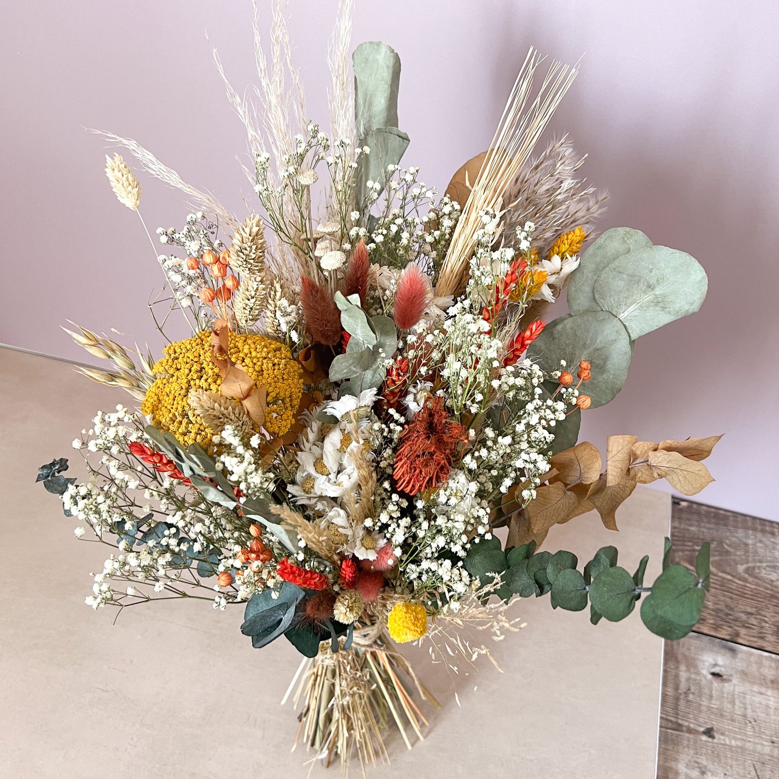 Gypsophila, Daisy and Eucalyptus, Yellow and Orange Dried Flower Wedding Bouquet