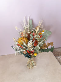 Gypsophila, Daisy and Eucalyptus, Yellow and Orange Dried Flower Wedding Bouquet