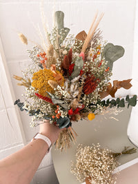 Gypsophila, Daisy and Eucalyptus, Yellow and Orange Dried Flower Wedding Bouquet