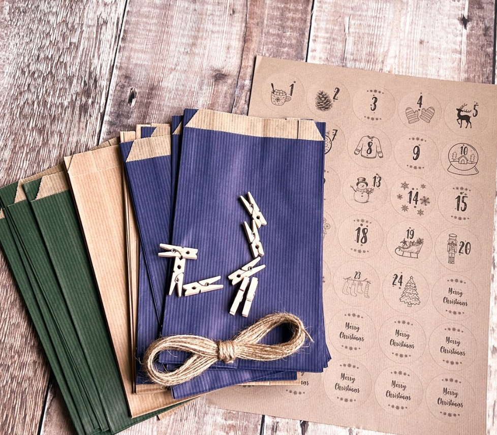 DIY Advent Calendar - Set of 24 Large Bags - Navy and Green