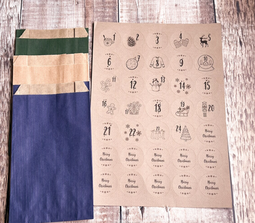 DIY Advent Calendar - Set of 24 Large Bags - Navy and Green