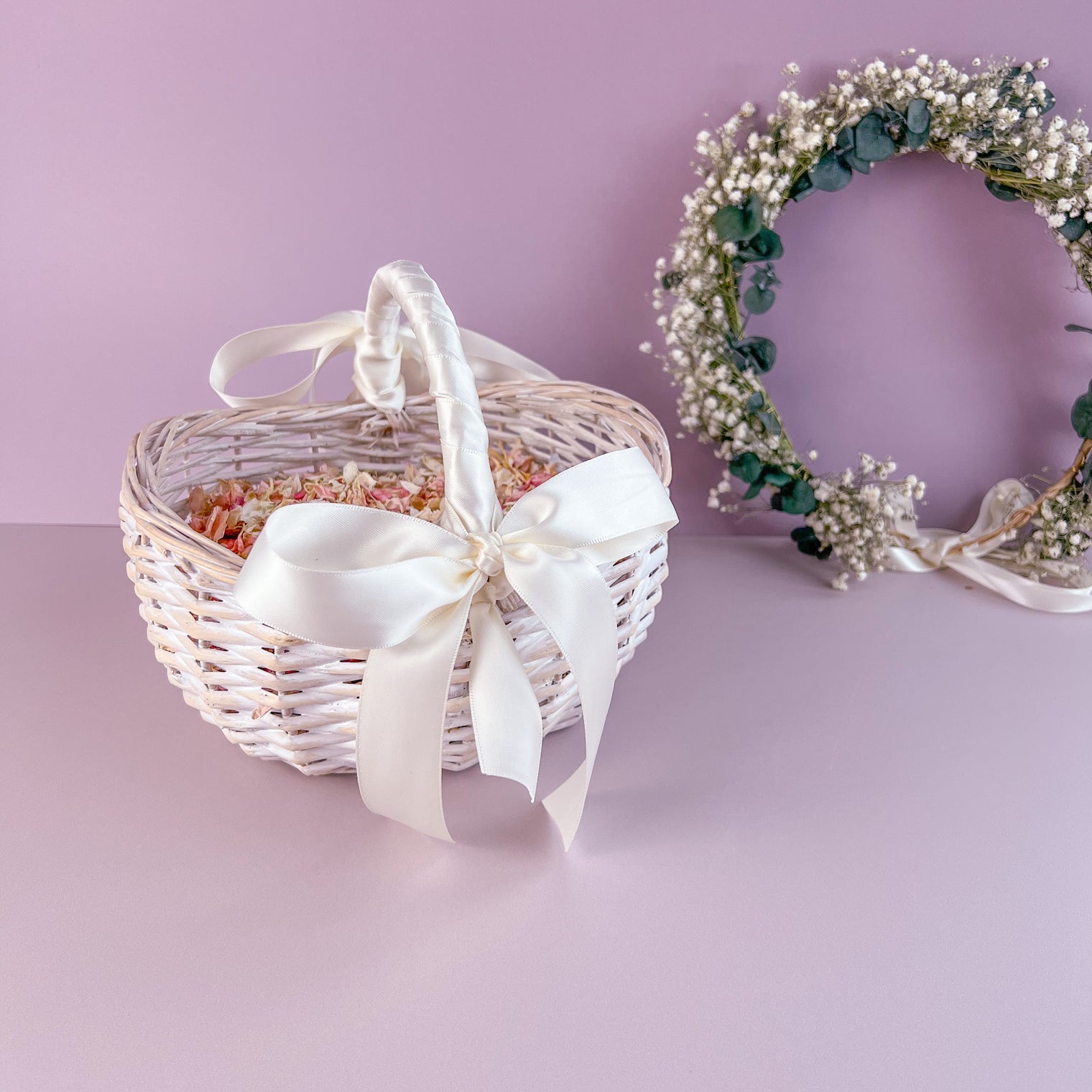 White Flower Girl Basket + Petal